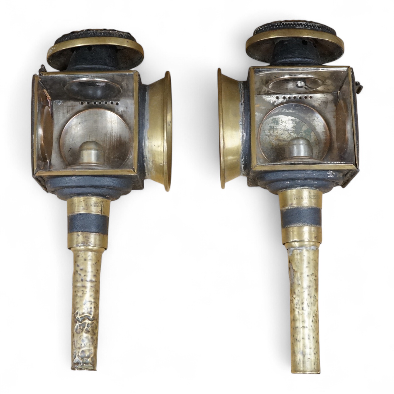 A pair of 19th century brass coaching lamps, 44cm high